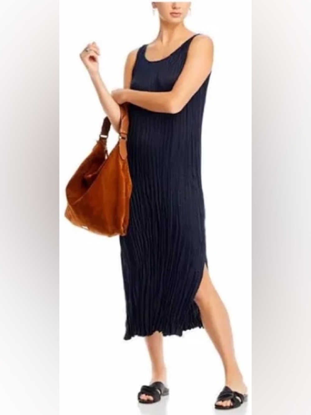 Eileen Fisher Missy Navy Blue Crushed Silk Tank Midi Dress M